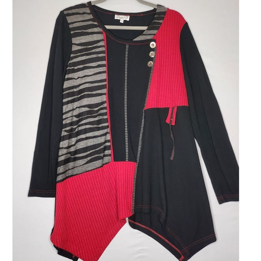 Emma G Womans Abstract Art To Wear Patchwork Shirt Top Tunic Small Black Red